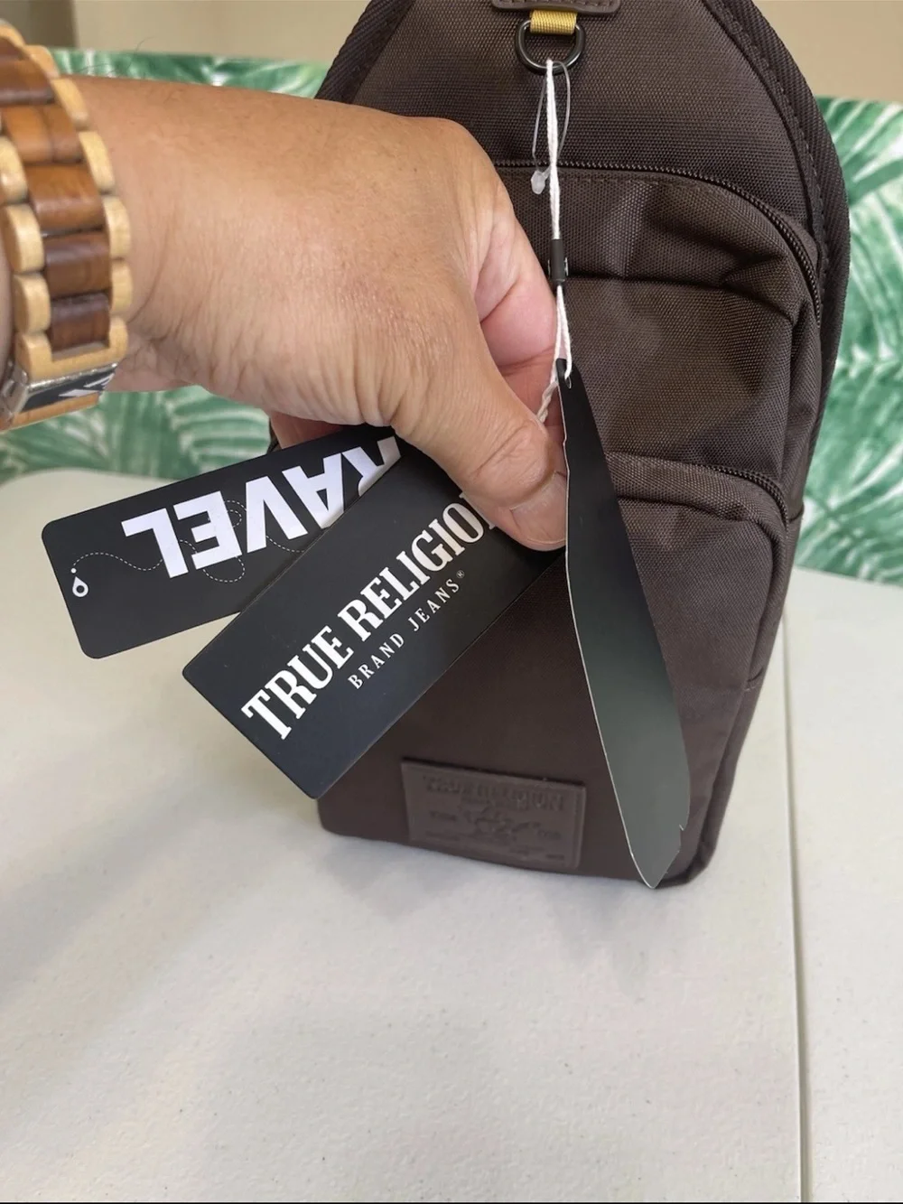 True Religion Brown Sling Belt Bag with Gold Accent